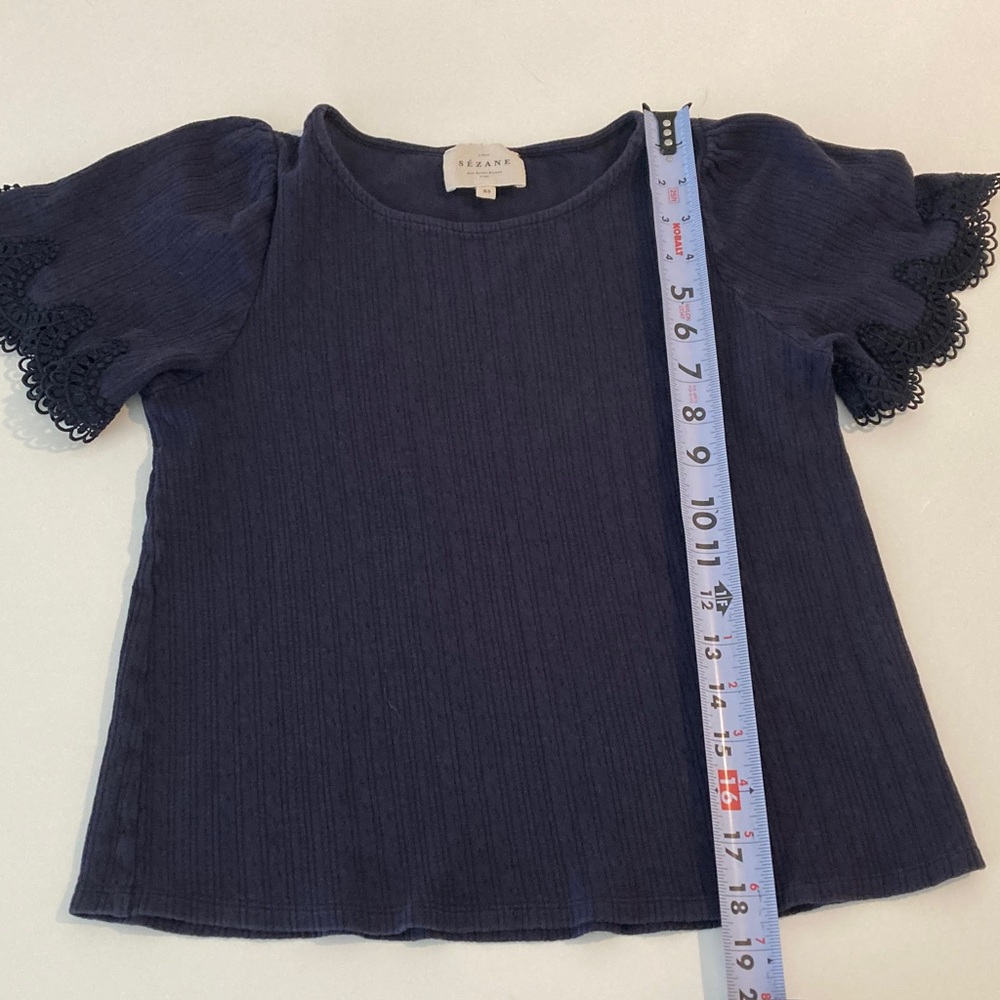 SEZANE CLEA TEE SHIRT 100% Cotton Ribbed Lace Sleeves Navy Blue XS - Picture 9 of 11